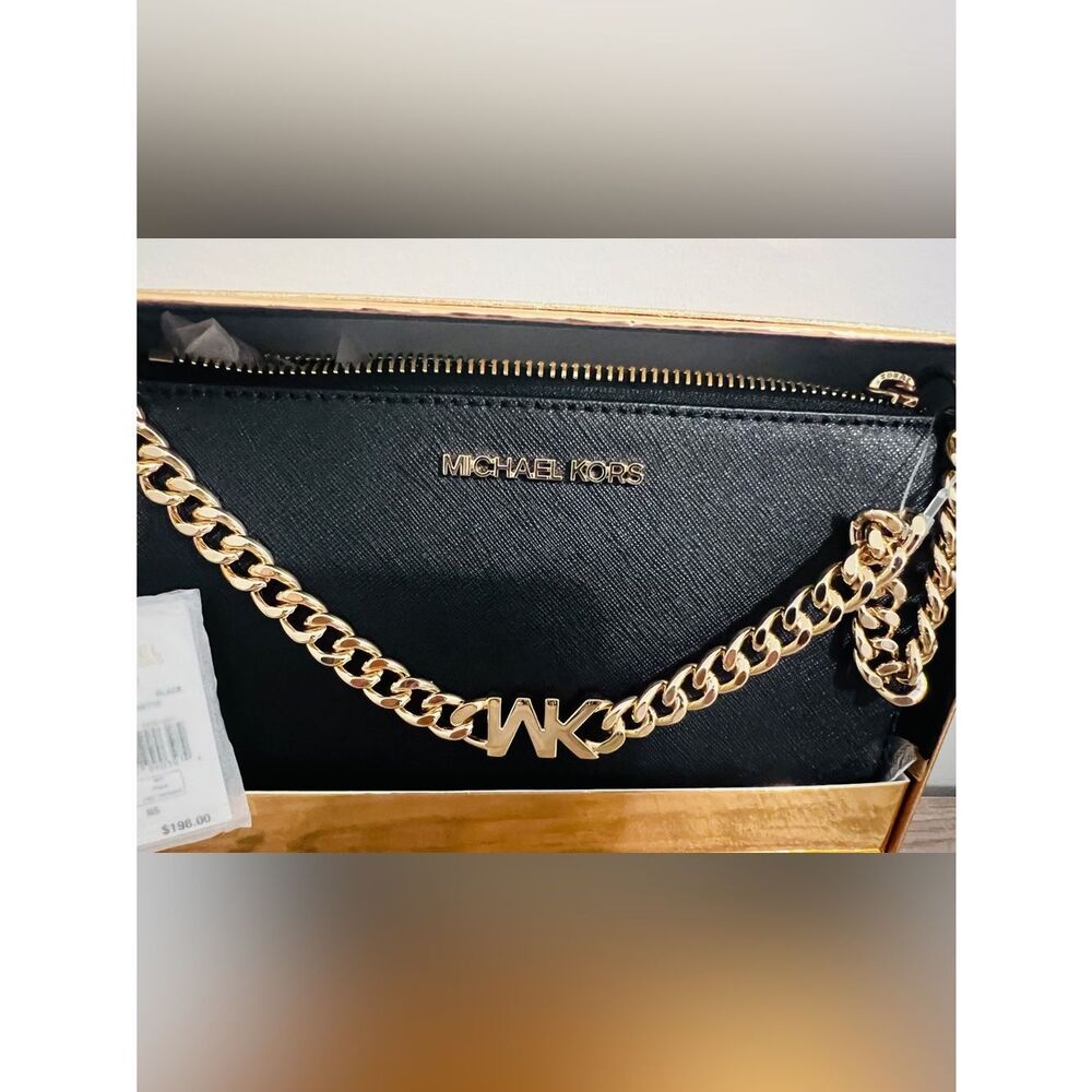 New Michael Kors Jet Set Sm MK Chain Pouchette Leather Black W/ Gold MSRP $198 - Picture 3 of 5